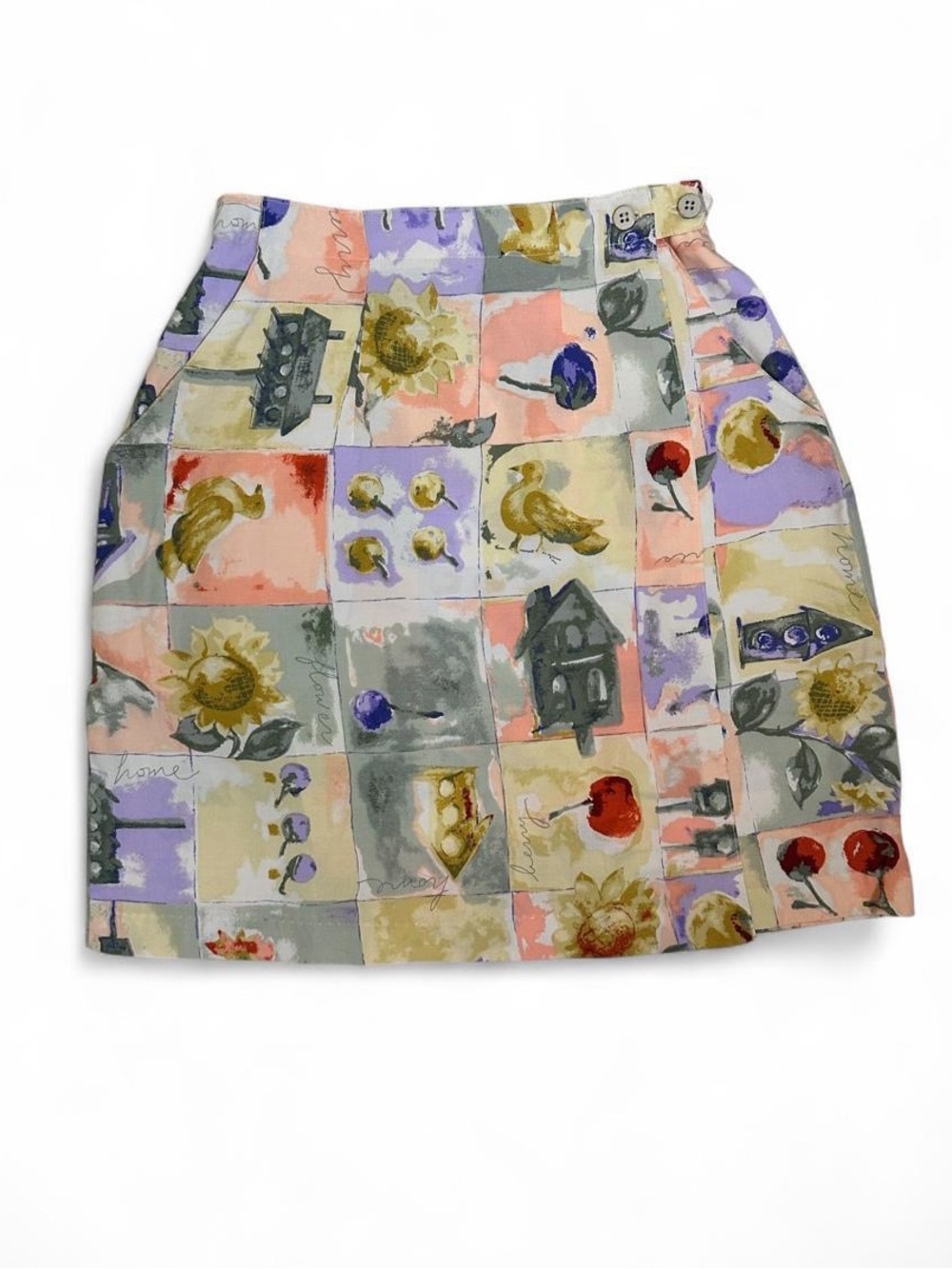 Vintage Pastel Garden Party Patchwork Wrap Mini Skirt with Sunflowers and Fruit